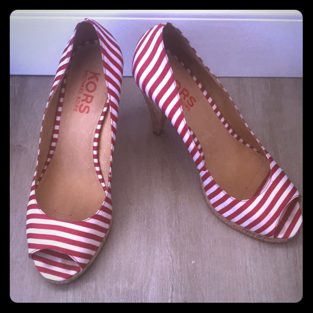 👠 Michael Kors Red Cabana Stripe Cork Heels | 10